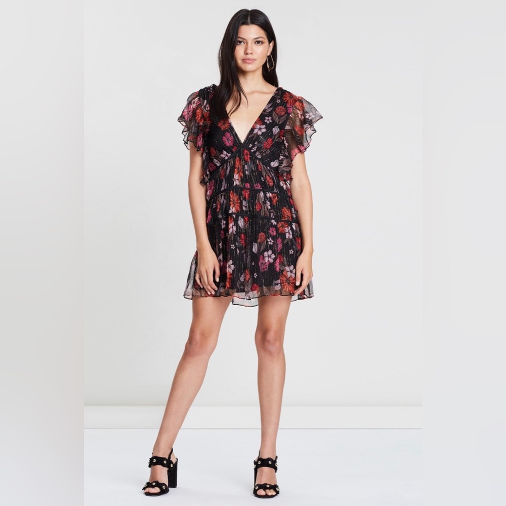 La Maison Talulah Silk Black Floral Chiffon Mini Dress. US Size M